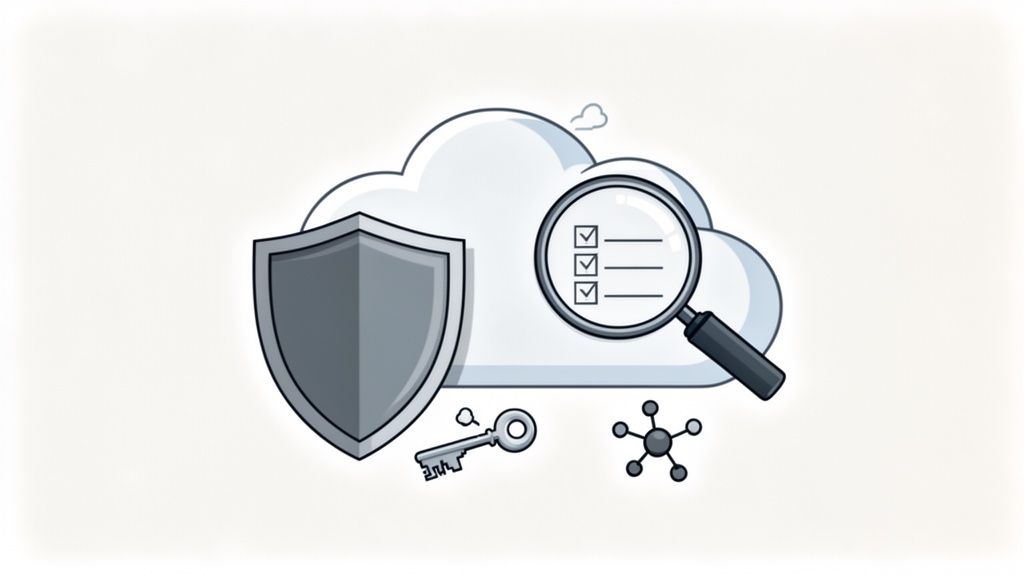 A grayscale illustration of cloud security assessment and compliance with a shield, checklist, key, and network.