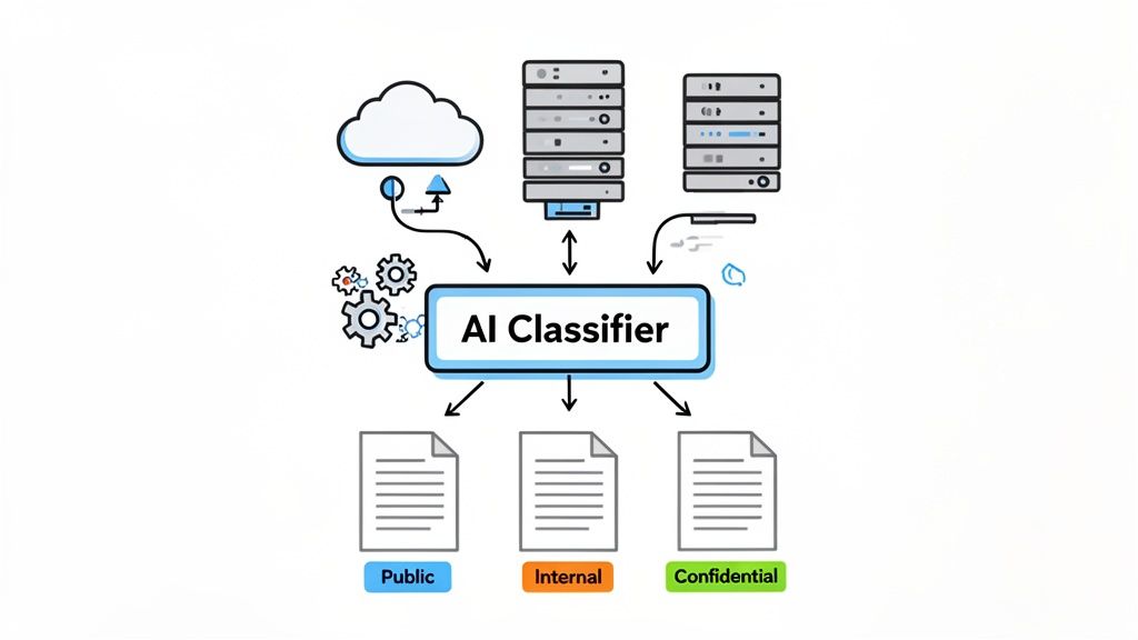 Diagram showing an AI Classifier sorting data from cloud and servers into public, internal, and confidential documents.