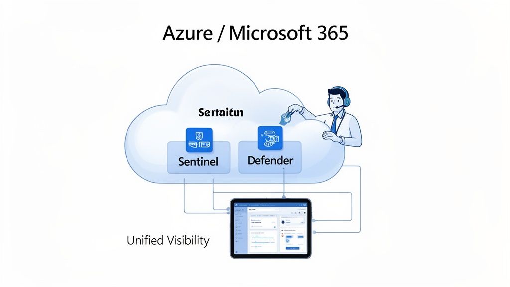 Diagram illustrating Microsoft Azure/365 security services, Sentinel and Defender, for unified visibility.