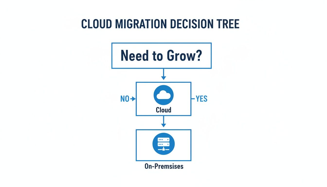 A cloud migration decision tree flowchart illustrating steps from 'Need to Grow?' to 'Cloud' then 'On-Premises'.
