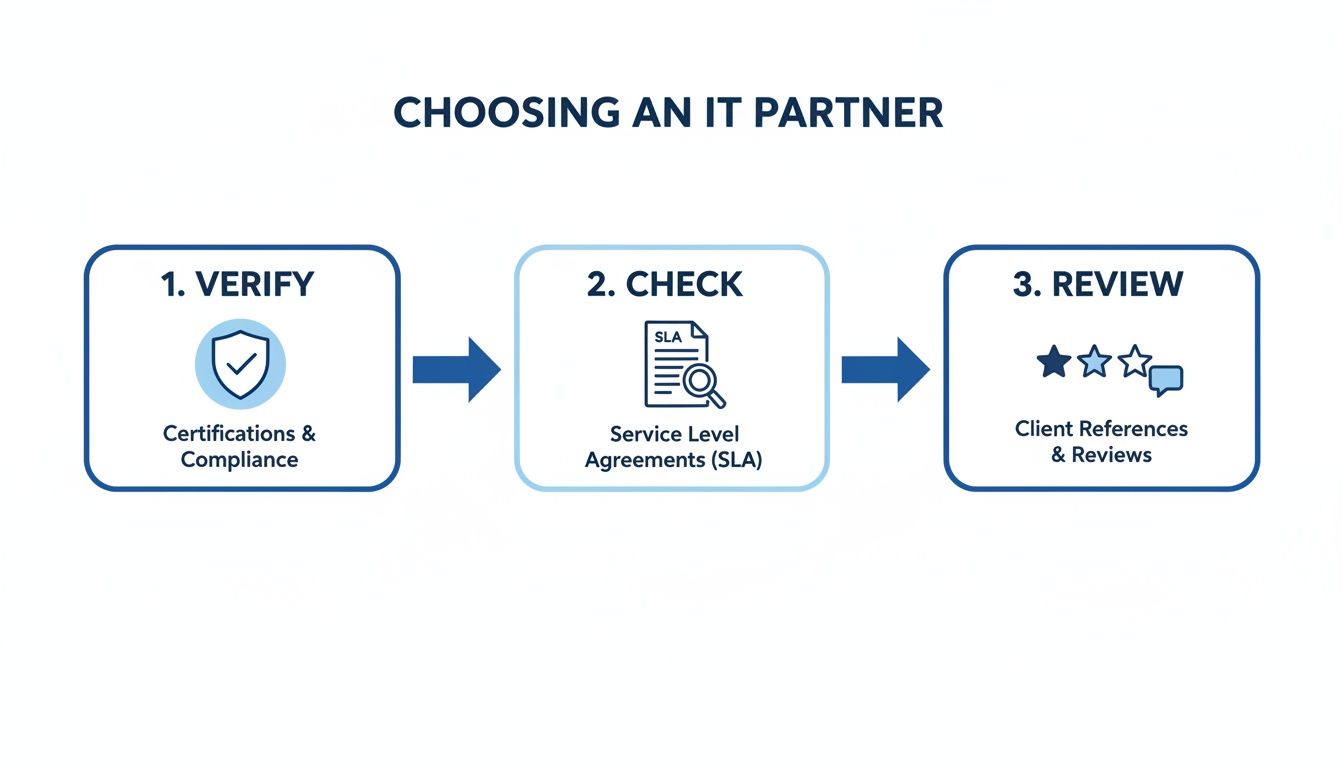 Three-step diagram on choosing an IT partner: verify certifications, check SLAs, and review client references.