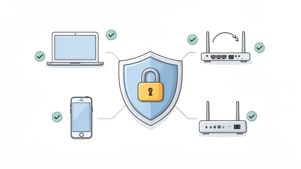 Digital security illustration with shield and padlock securing laptop, smartphone, and internet routers.