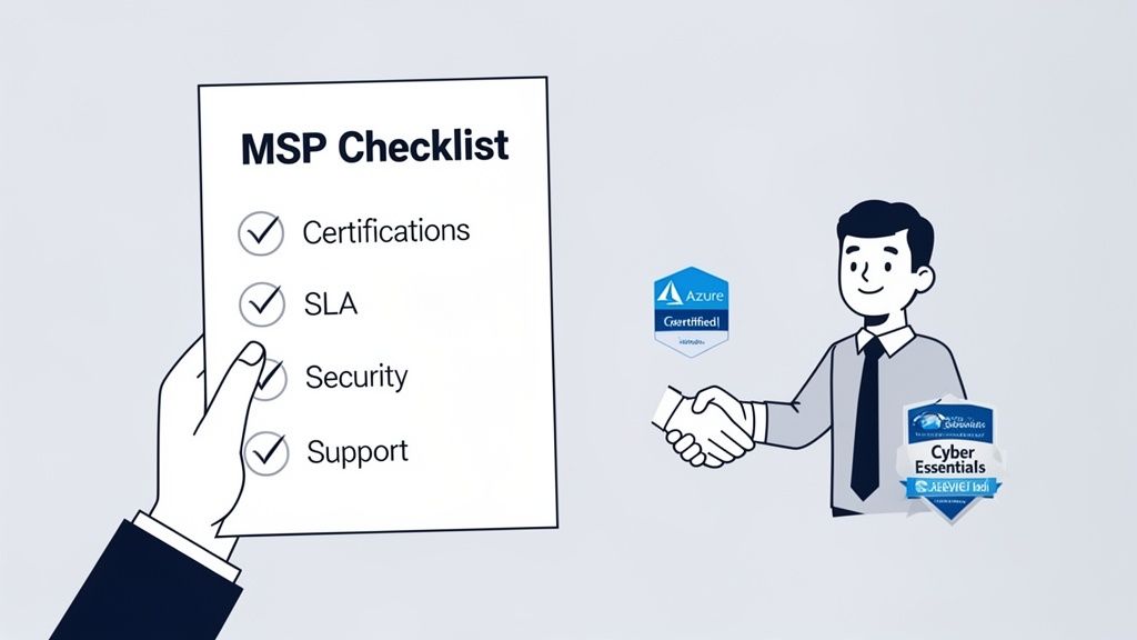 A hand holds an MSP Checklist with checked items: Certifications, SLA, Security, Support, beside a man and Azure Certified and Cyber Essentials badges.