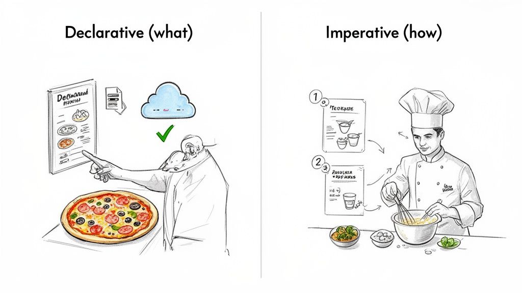 Illustration comparing declarative (ordering pizza from a menu) and imperative (chef following a recipe) programming styles.