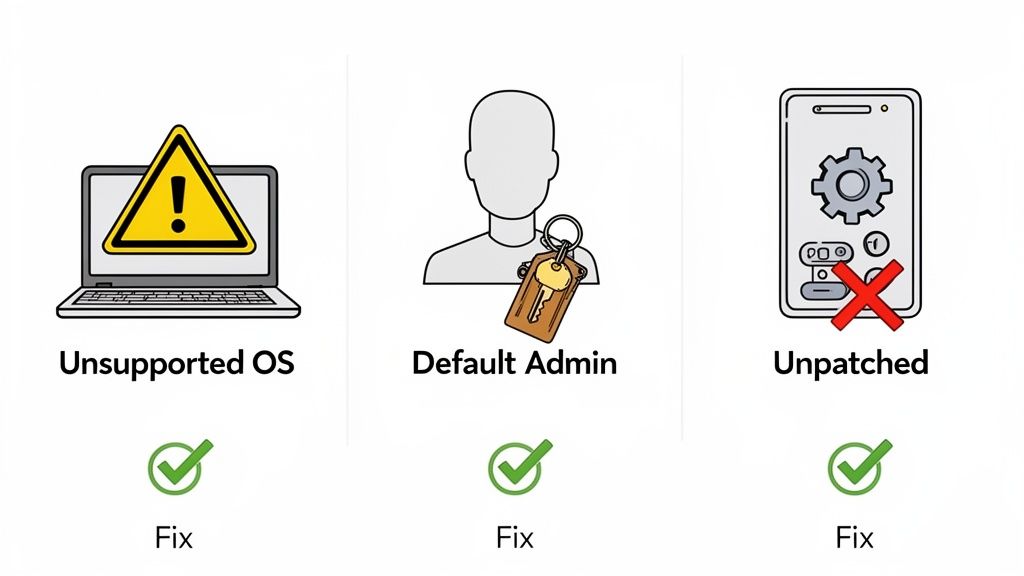 Common cybersecurity vulnerabilities shown: unsupported OS, default admin, and unpatched systems, each with a 'Fix' recommendation.