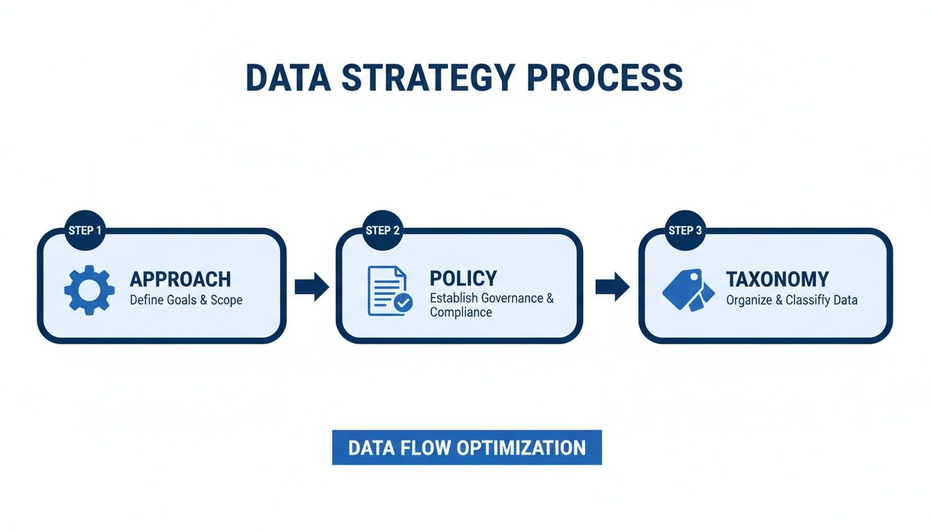 A data strategy process diagram showing steps: Approach, Policy, and Taxonomy for data flow optimization.