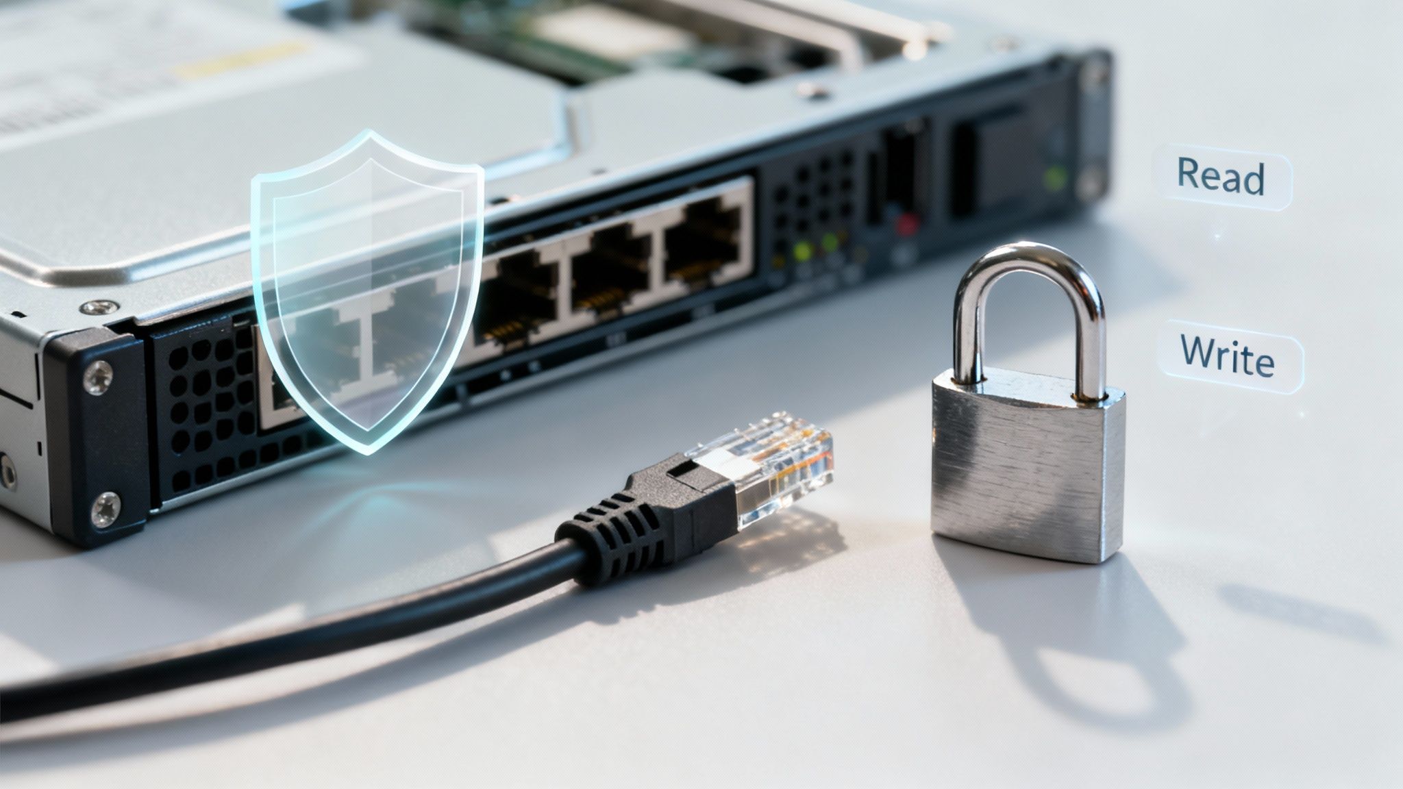 A network server with a security shield, padlock, and read/write labels, symbolizing data protection.