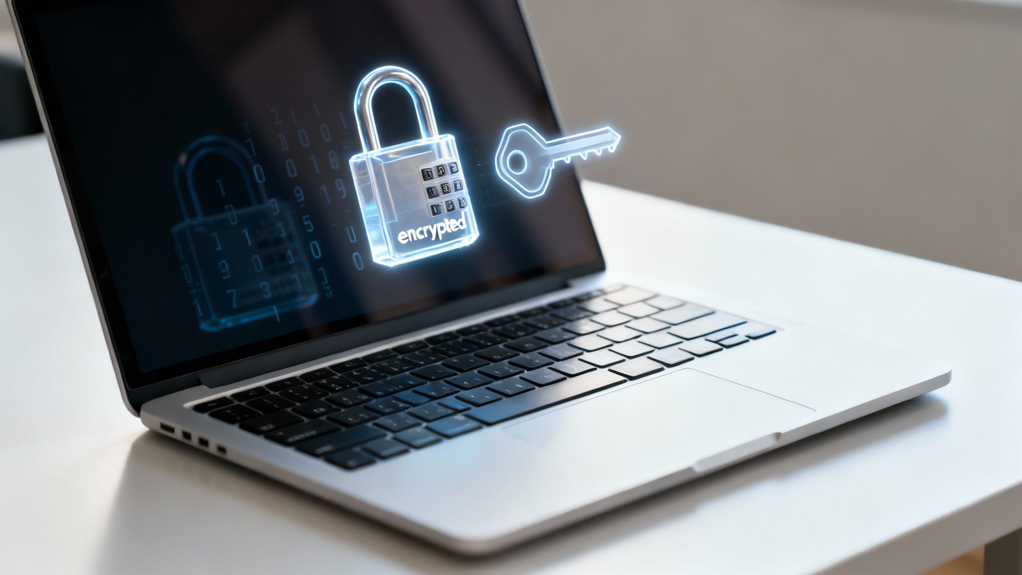 A laptop screen displays a glowing padlock and key, with 'encrypted' text, symbolizing data security.