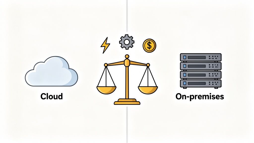 An illustration comparing cloud computing and on-premises solutions, weighing power, cost, and processing on a scale.