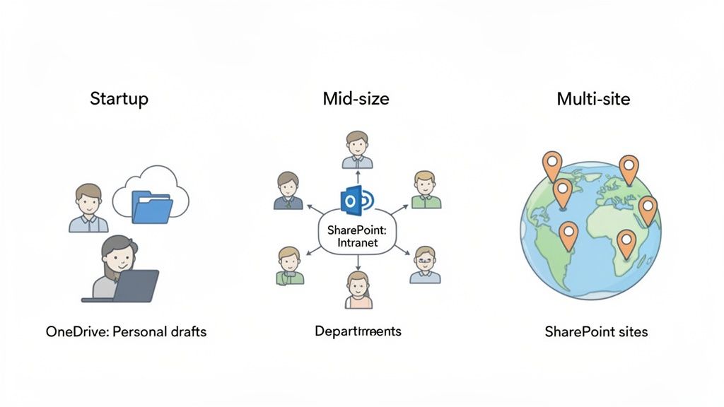 Illustration showing OneDrive for personal drafts in startups, SharePoint intranet for mid-size departments, and SharePoint sites for multi-site organizations.
