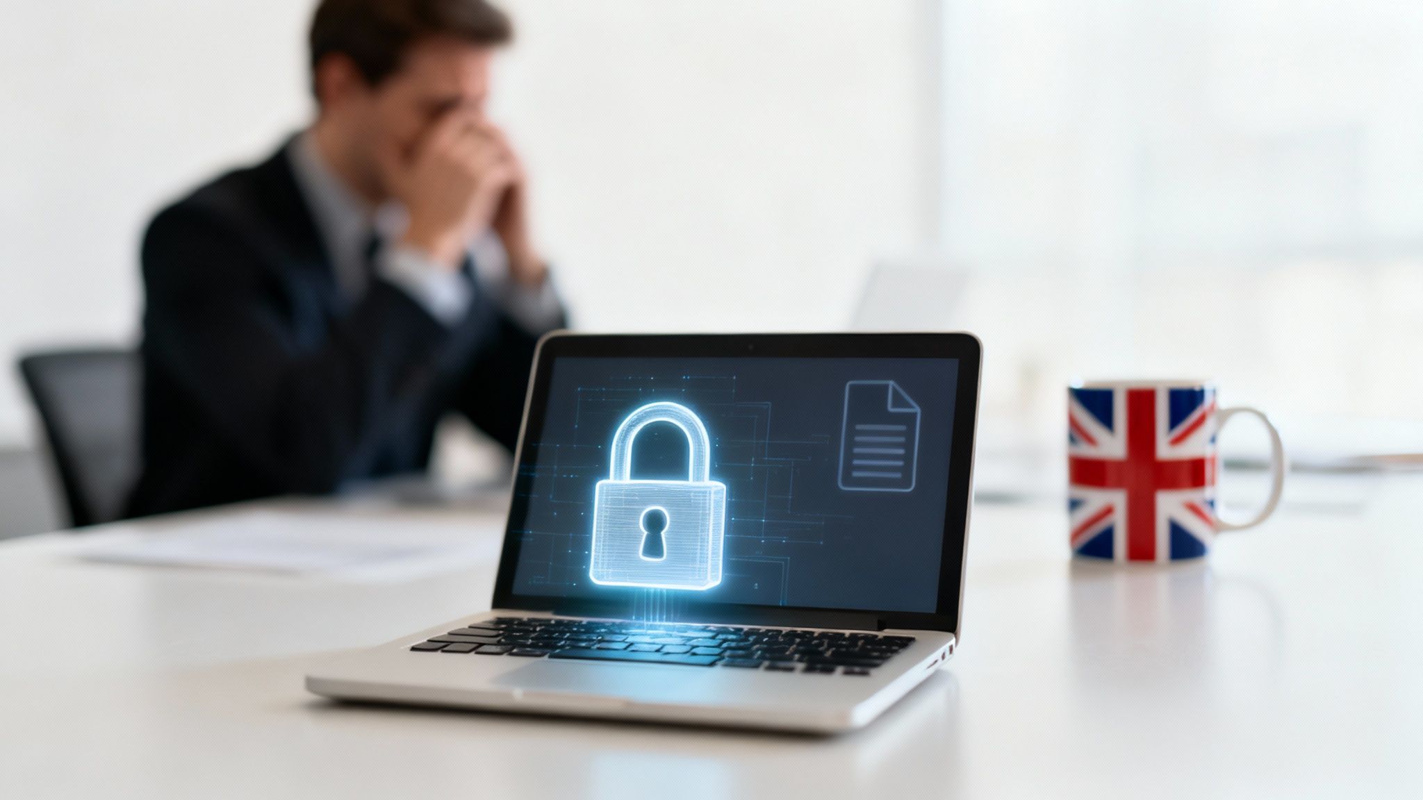 A laptop showing a glowing lock icon and document, with a distressed man in the background, implies a security incident.