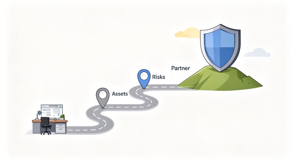 A winding road showing the path from a desk through assets and risks to a protective shield.