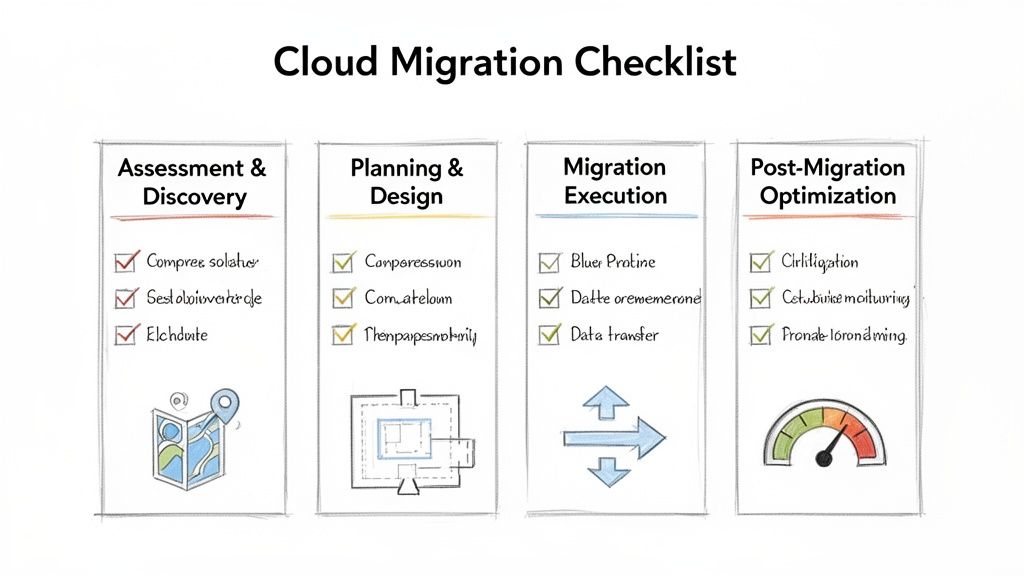 A cloud migration checklist with four phases: assessment, planning, execution, and optimization.
