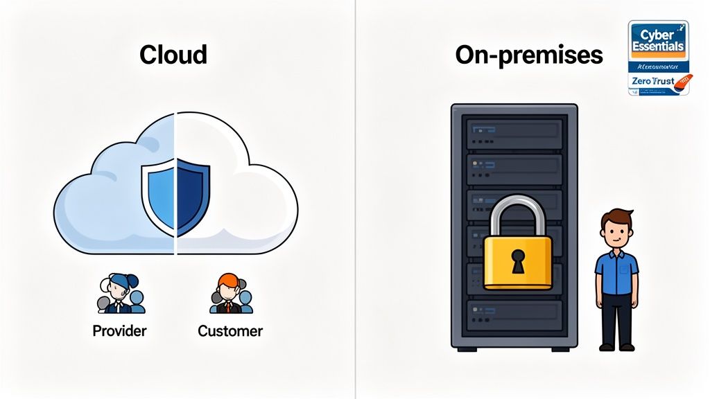Illustration comparing cloud computing with a provider and customer to on-premises servers with a padlock and user.