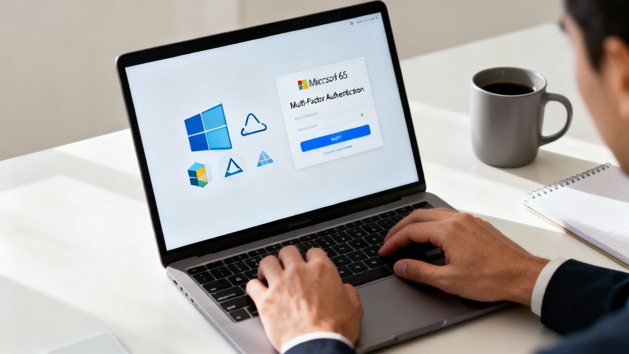 Person typing on a laptop displaying a Microsoft 365 multi-factor authentication login page.