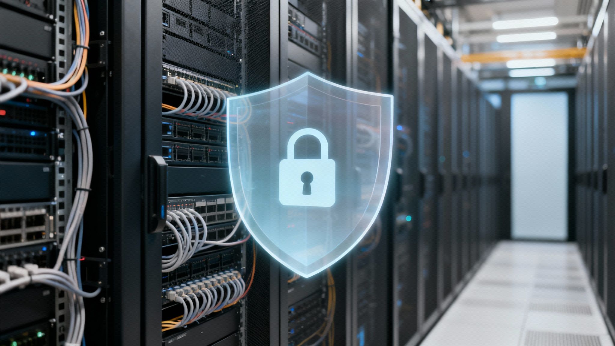 Cyber security concept: a glowing shield with a padlock over rows of data center servers.