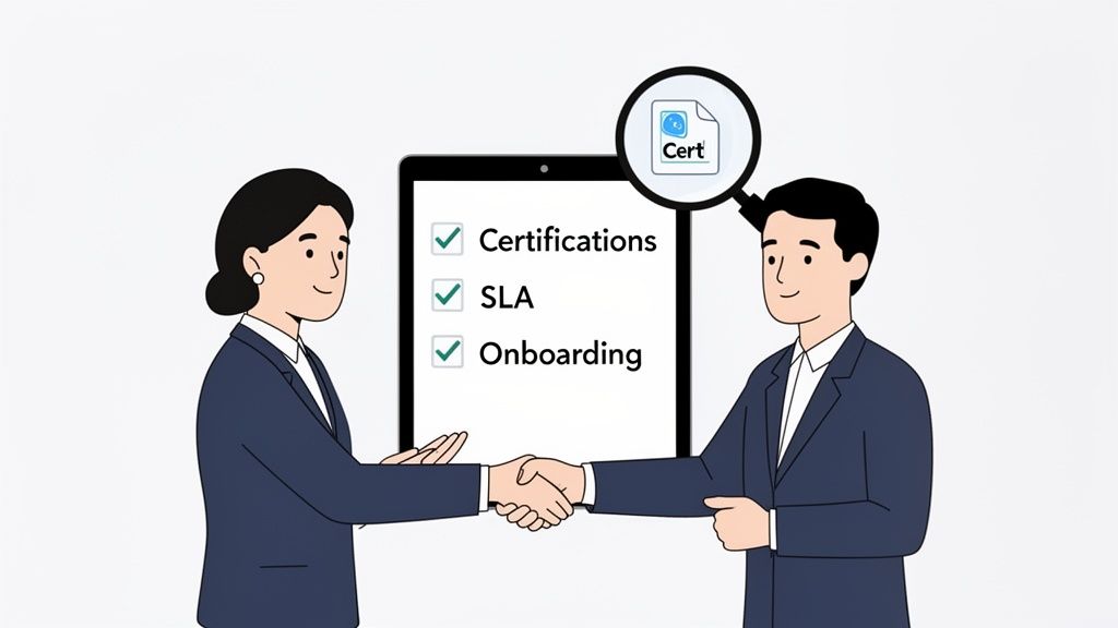 Two business people shake hands with a digital checklist showing certifications, SLA, and onboarding completed.