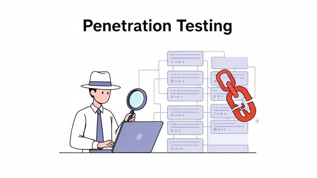 Illustration of a person performing penetration testing on a network system with a broken security chain.