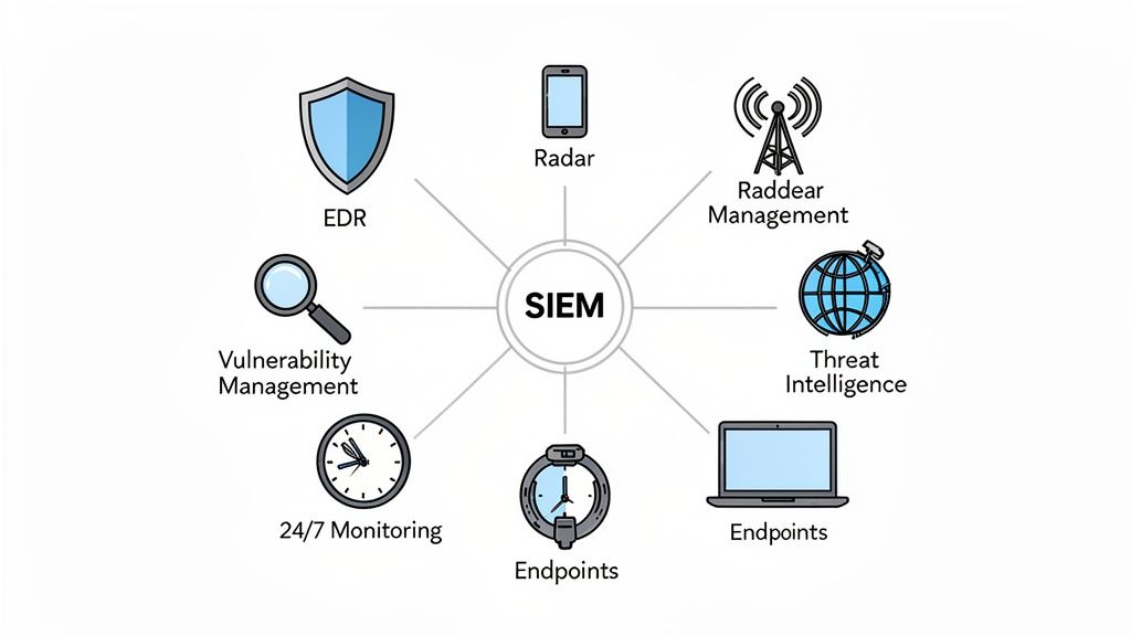 SIEM system architecture showing connections to EDR, vulnerability management, threat intelligence, and endpoint monitoring.