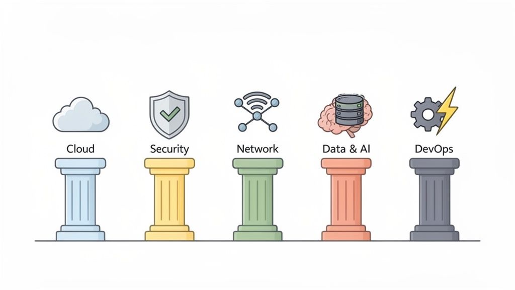 Five pillars representing core digital transformation services: Cloud, Security, Network, Data & AI, and DevOps.