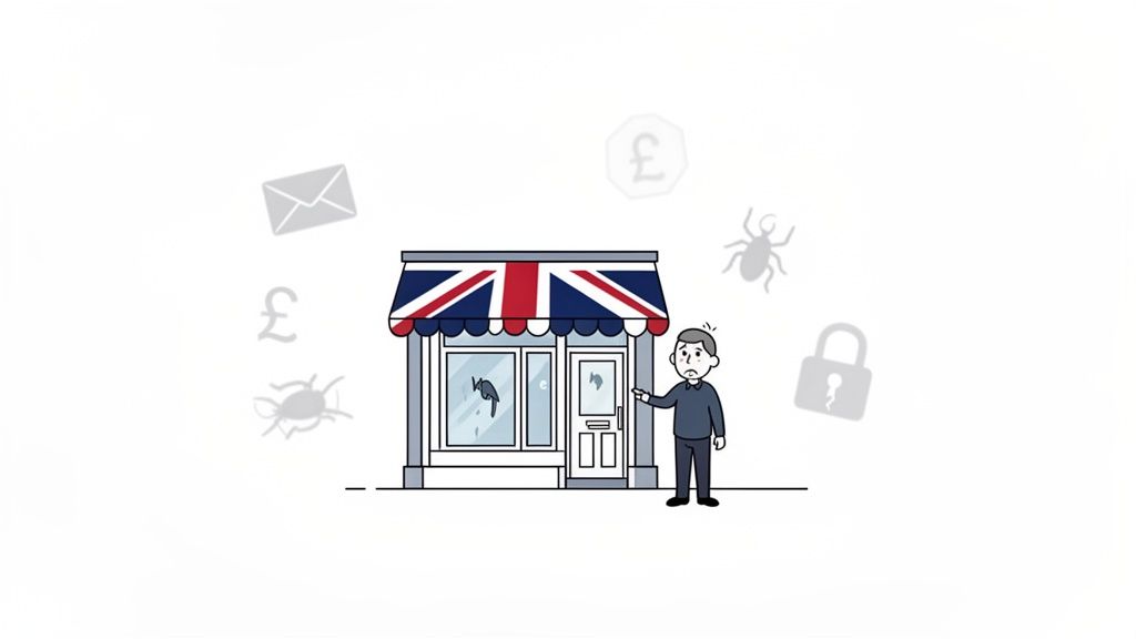 Cartoon of a distressed man pointing at a broken UK small business, surrounded by symbols of cyber threats and financial loss.