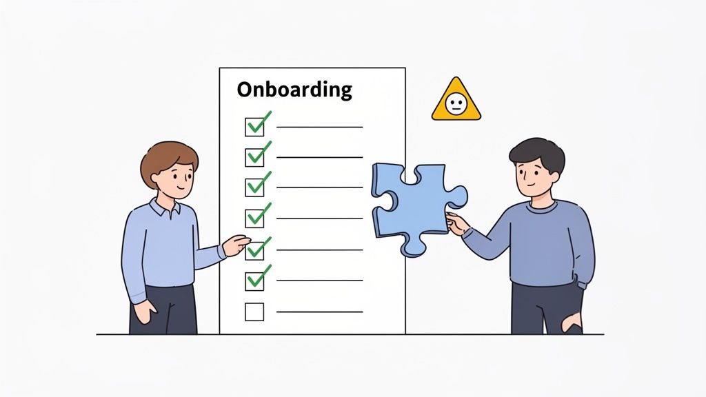 Two people completing an onboarding checklist with a puzzle piece, symbolizing integration and a remaining step.
