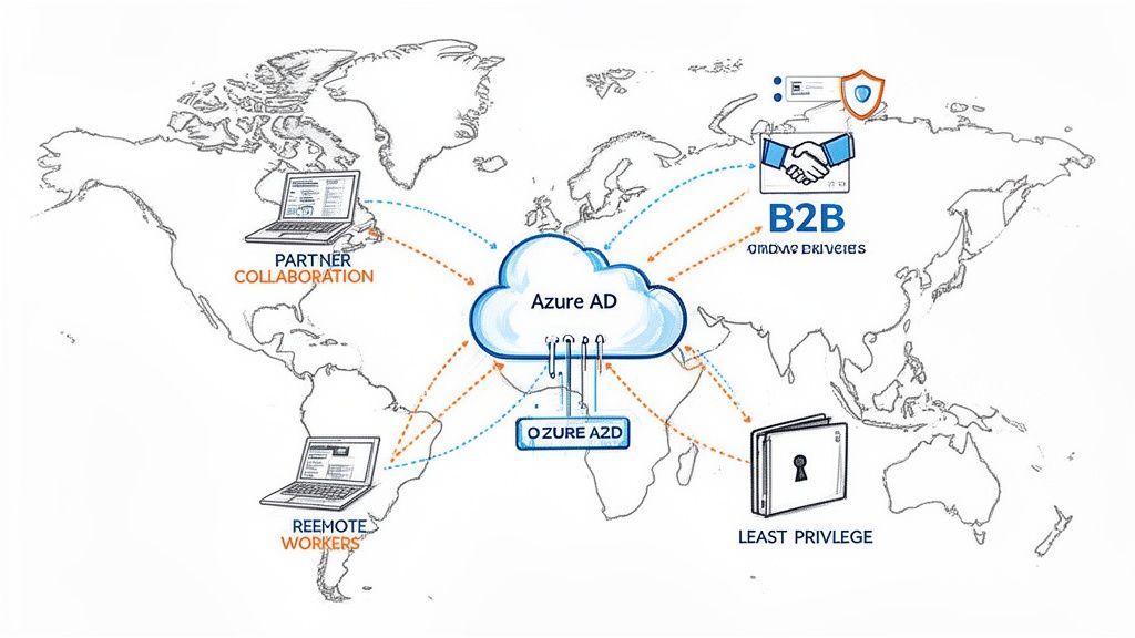 Global map showing Azure Active Directory (AD) connecting partners, remote workers, B2B, and least privilege access.