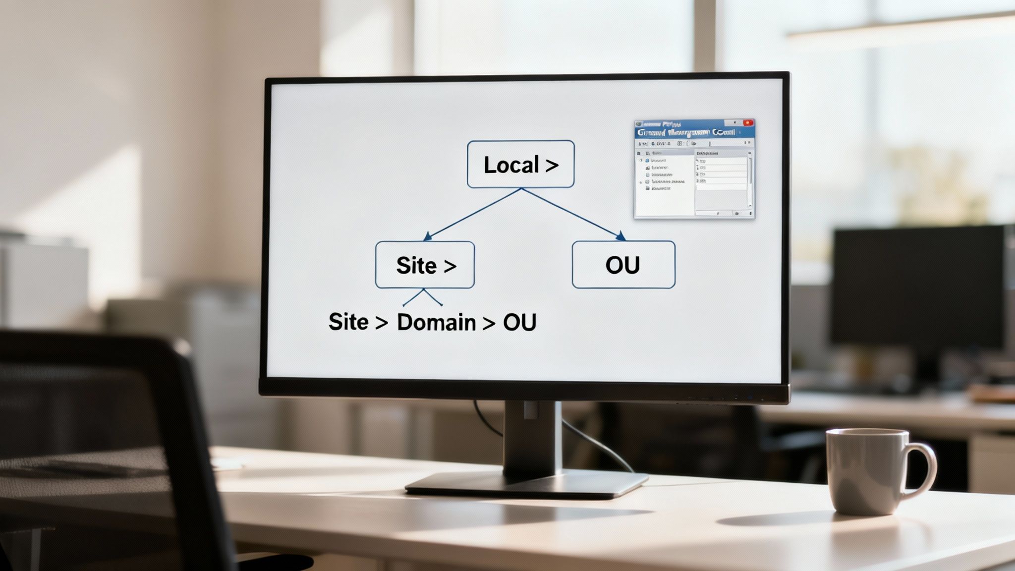 A computer monitor displays a Group Policy hierarchy diagram, showing Local, Site, and OU levels.