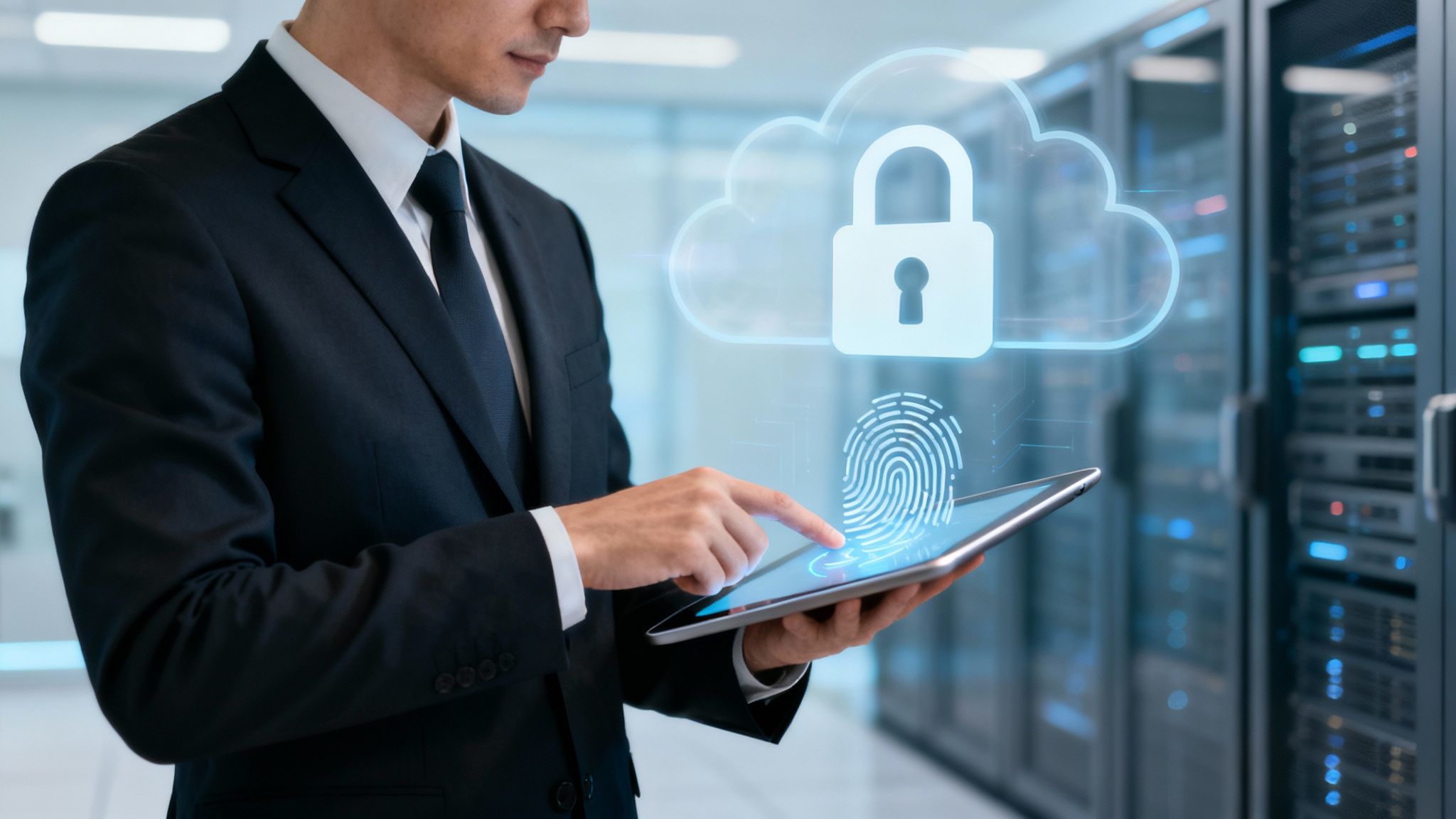 Man in suit using a tablet with cloud security and fingerprint icons in a data center.