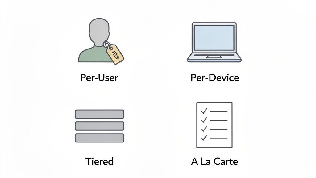 Four icons representing IT service pricing models: per-user, per-device, tiered, and a la carte.