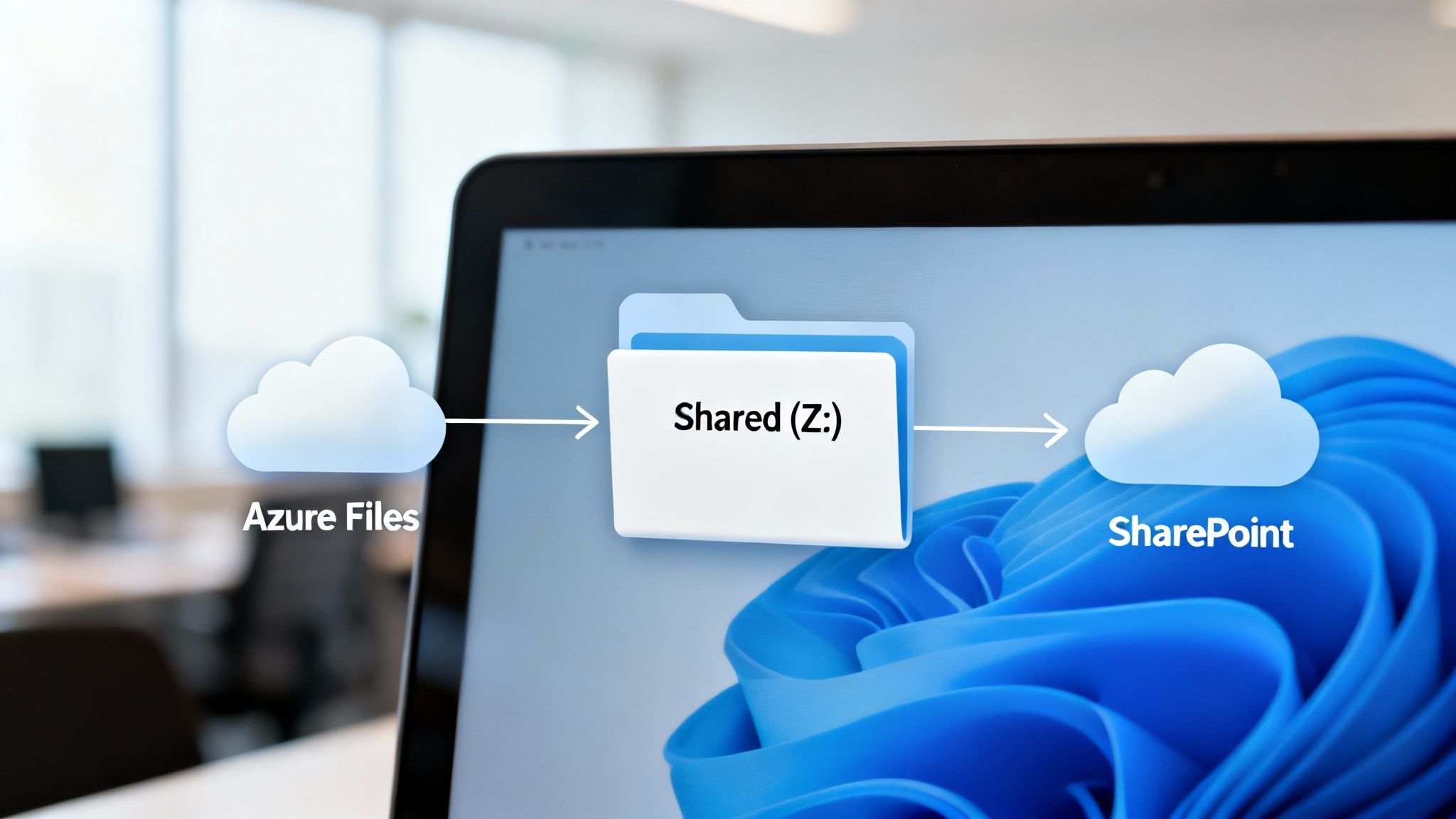 A diagram on a laptop screen illustrates data transfer from Azure Files to a Shared (Z:) drive, then to SharePoint.
