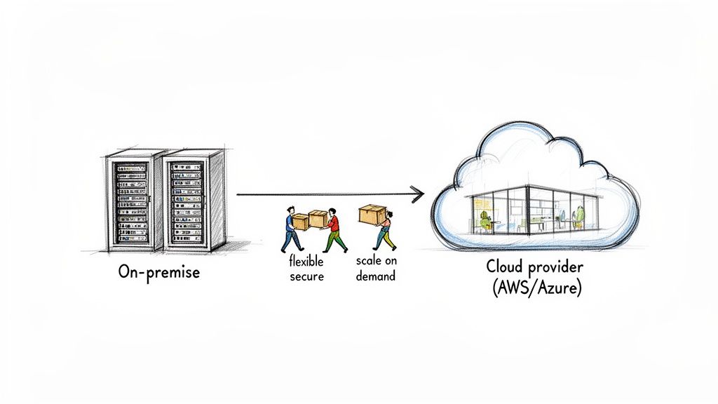 Illustration depicting the migration from on-premise servers to a cloud provider like AWS or Azure, emphasizing flexibility and scalability.