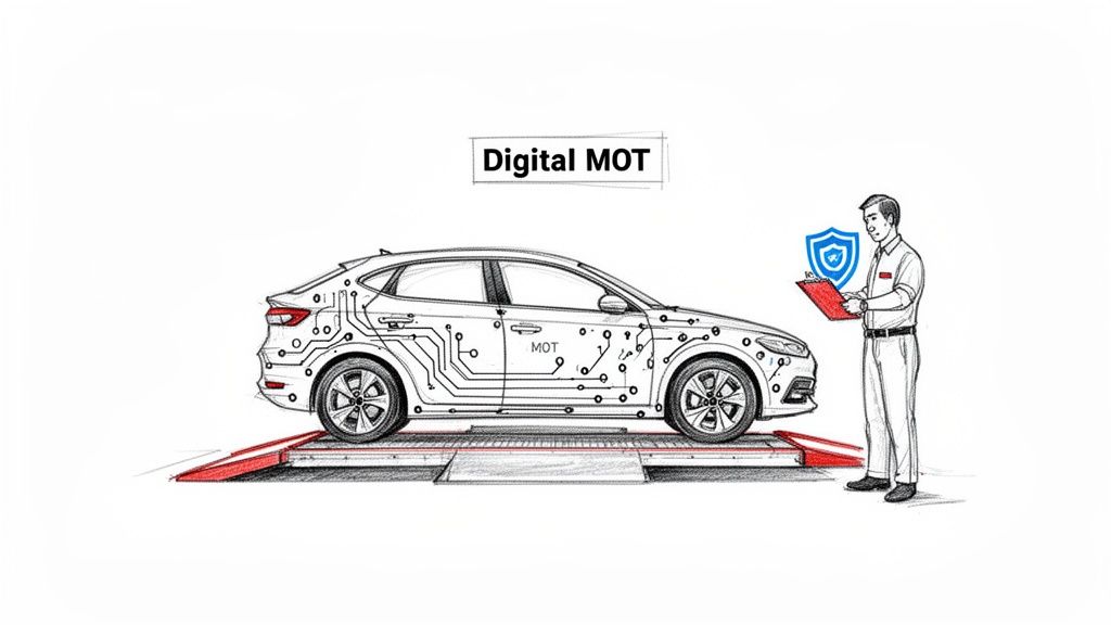 A sketch of a car with digital circuit patterns on a ramp, undergoing a Digital MOT inspection by a technician.