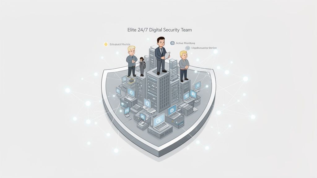 An illustration of an elite 24/7 digital security team protecting a network infrastructure on a shield.