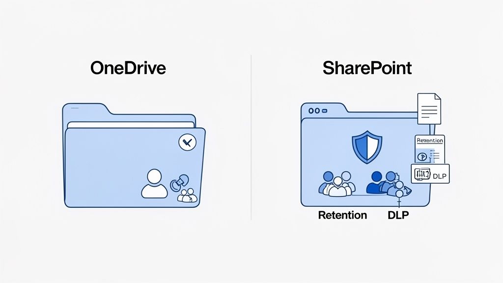 An illustration contrasting OneDrive for individual use with SharePoint's collaborative, secure, and compliant features like retention and DLP.