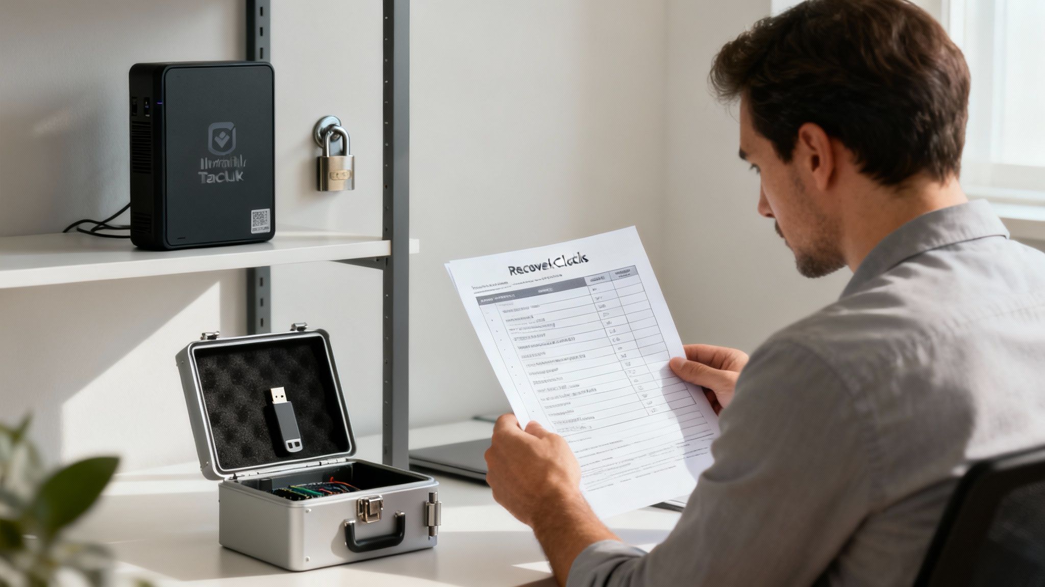 A man reads a data recovery document at a desk with a security device and USB drive.