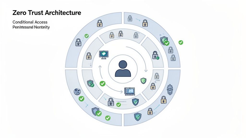 Diagram illustrating Zero Trust Architecture with conditional access, showing a user interacting with secured resources through multiple verified layers.