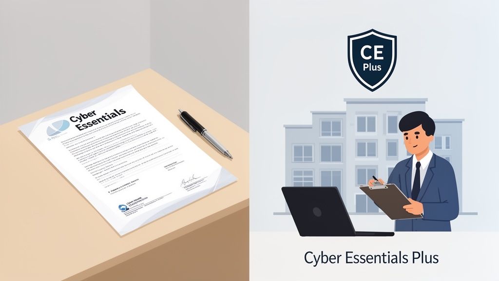 Side-by-side comparison: Cyber Essentials document on a desk and Cyber Essentials Plus certification illustration.
