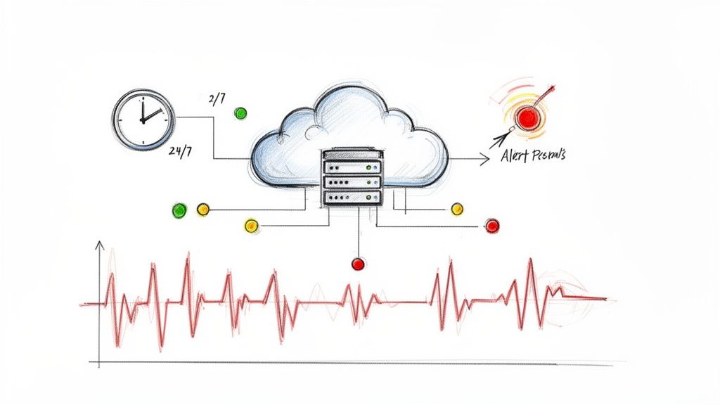 Sketch illustrating continuous cloud server monitoring, data processing, and alert system for critical events.
