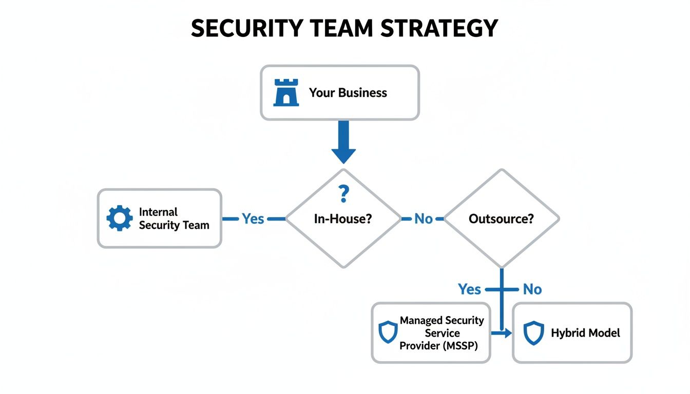A flowchart detailing a security team strategy decision process for businesses to choose between in-house, outsourced, or a hybrid model.