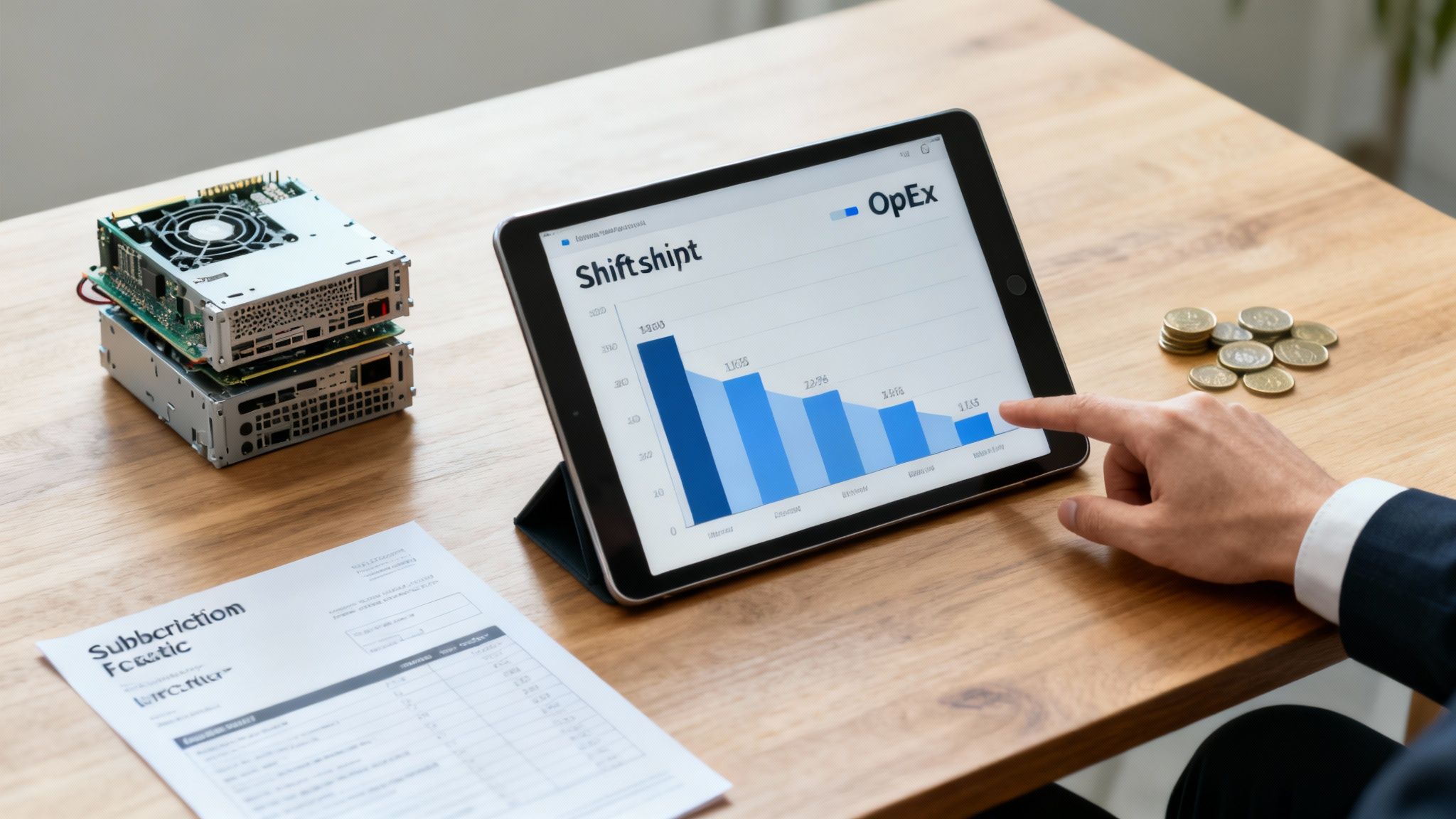 Man analyzing business data on a tablet, next to server hardware and financial documents on a desk.