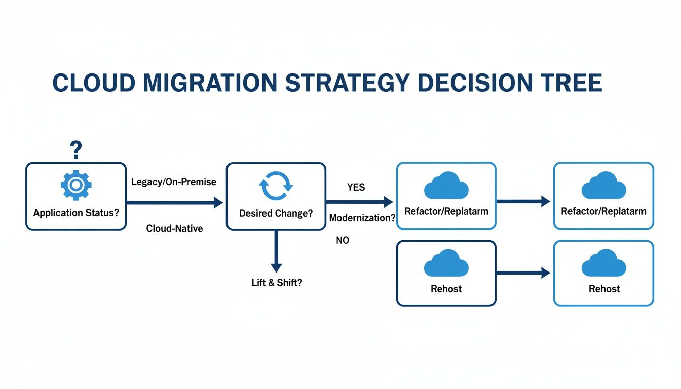 This decision tree guides cloud migration strategy, offering paths like Refactor/Replatform, Rehost, or Lift & Shift.