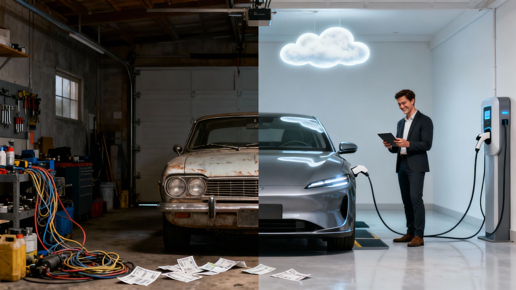 Contrasting old messy garage with rusty car and modern garage with electric car, man, and cloud.