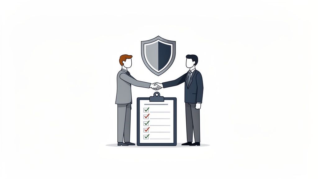 Two businessmen shaking hands under a shield and over a checklist, representing a secure agreement.