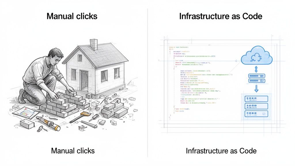 Comparison illustrating manual brick-and-mortar construction versus automated cloud infrastructure as code.