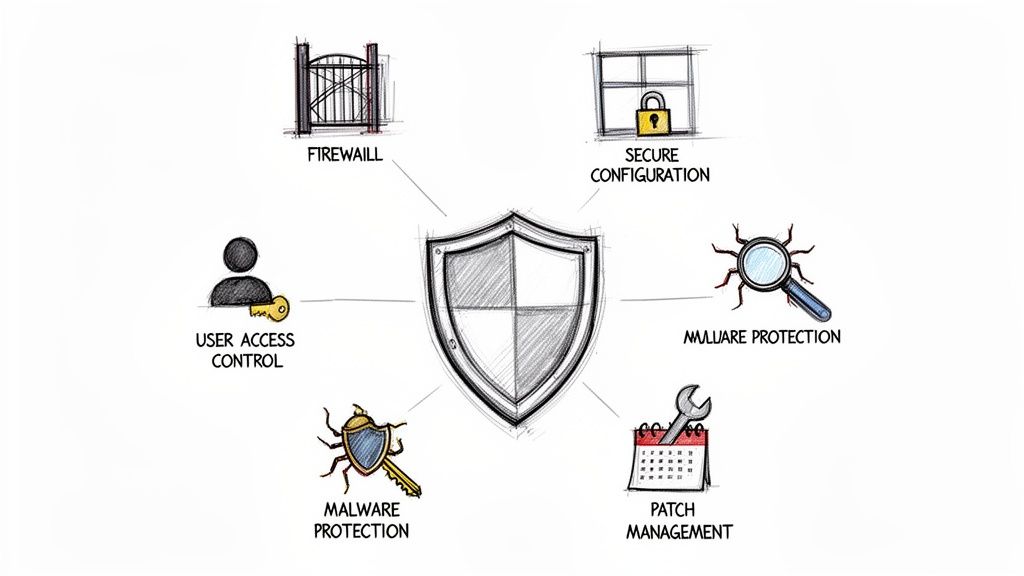 An illustration of a cybersecurity shield surrounded by concepts like firewall, user access control, malware protection, and patch management.