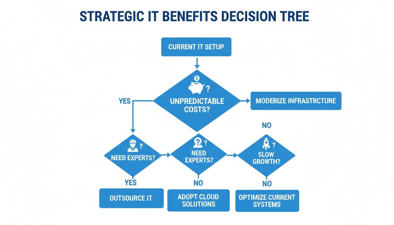 A strategic IT benefits decision tree diagram guiding choices for current IT setups based on costs, expertise, and growth.