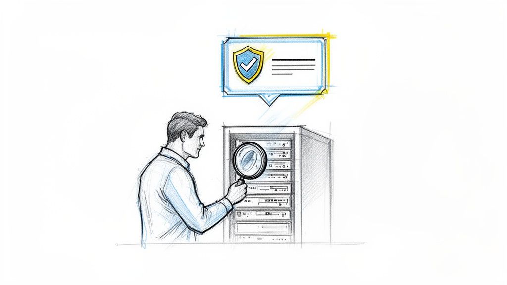 Sketch of a man inspecting a server rack with a magnifying glass, indicating a security check.