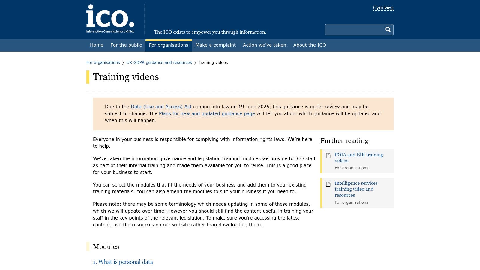 Information Commissioner’s Office (ICO) website showing GDPR training videos.