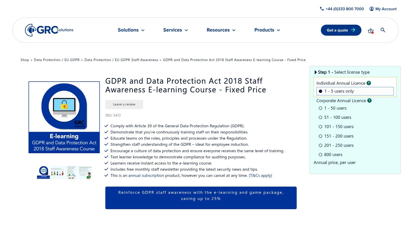 IT Governance (UK) e-learning course for GDPR staff training.